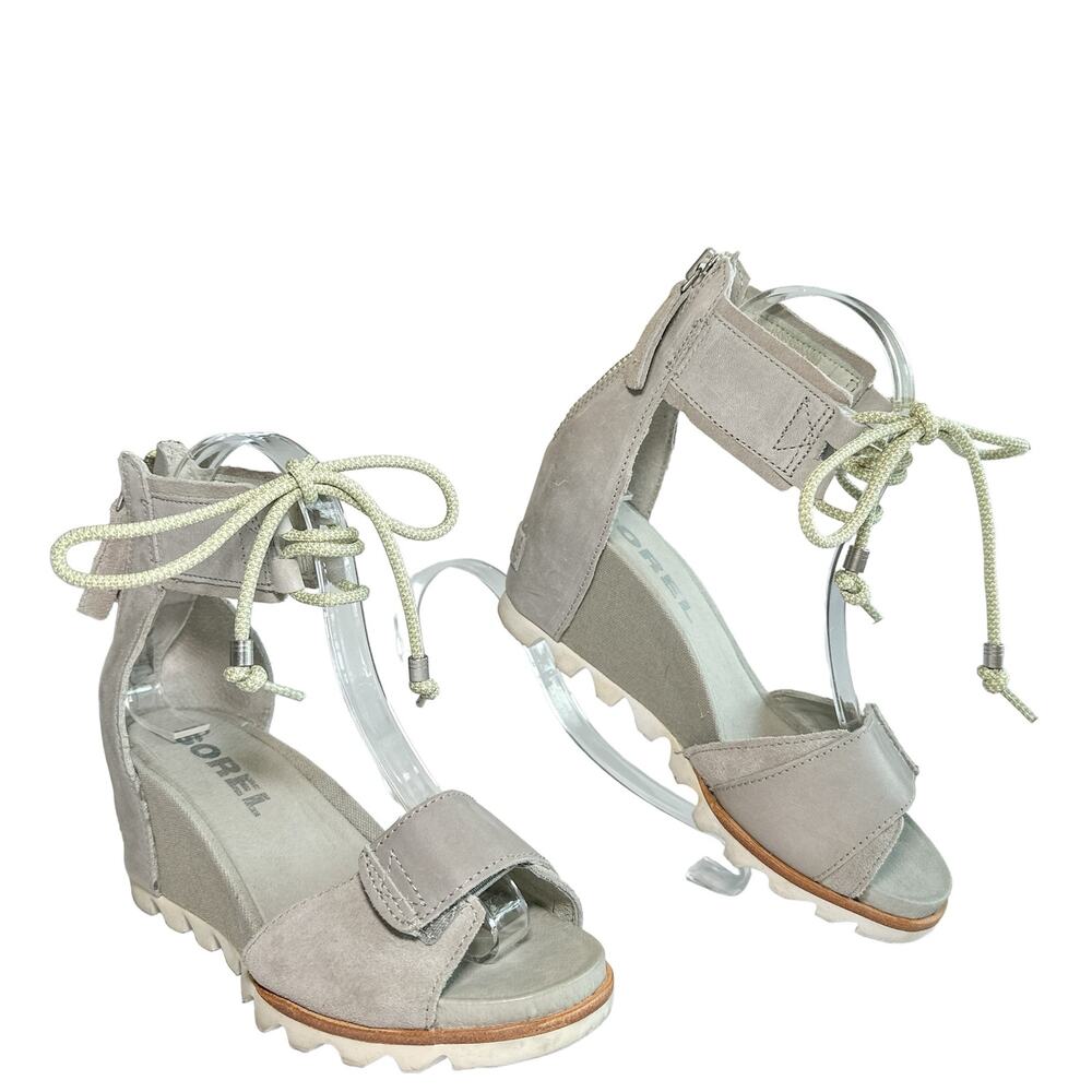 Sorel Joanie Ankle Lace Up Tie Leather Sandal Casual Wedge Dove Light Grey 6.5